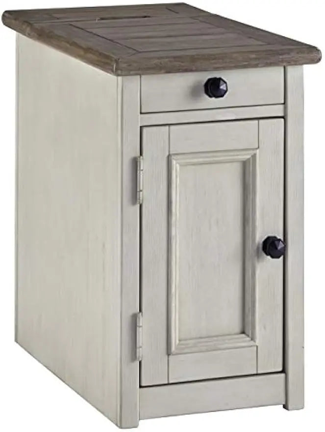 Farmhouse Chair Side End Table with Outlets and USB Ports, Antique Cream