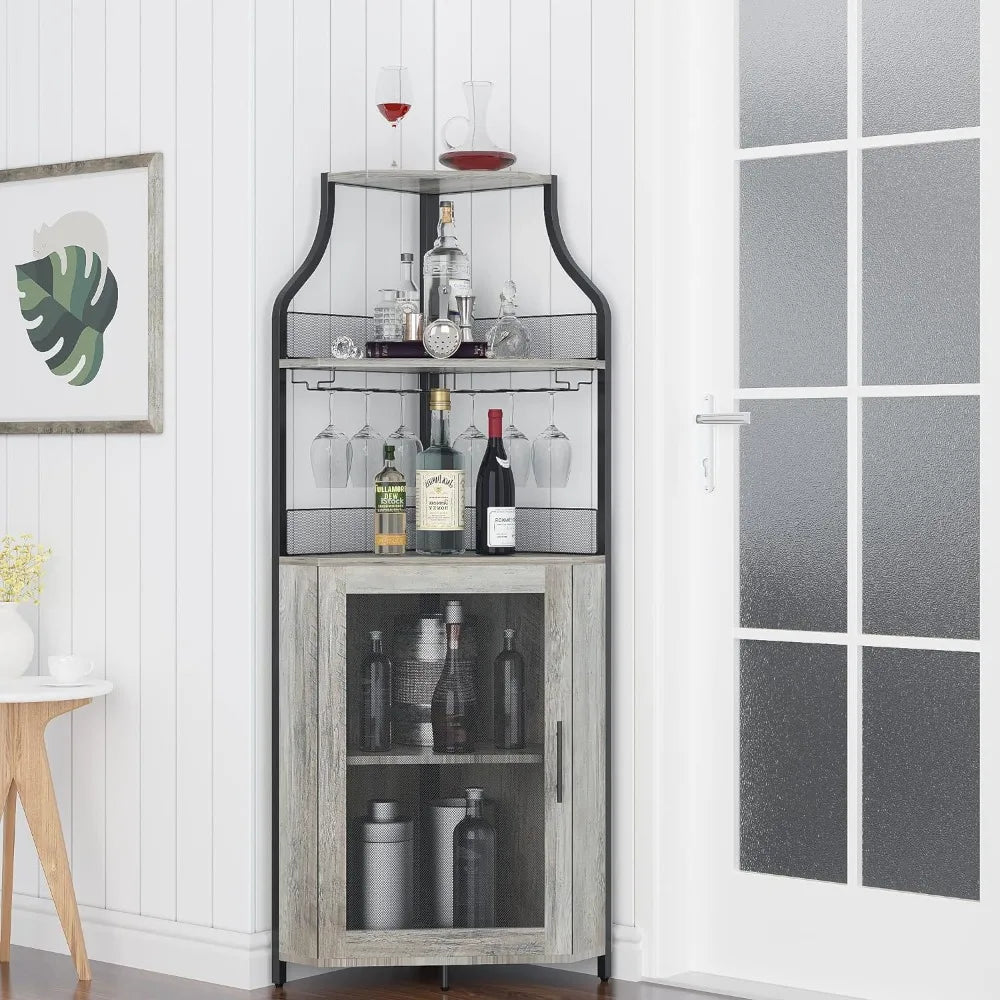 Corner Cabinet with Removable Wine Rack, Barn Door and Adjustable Shelves