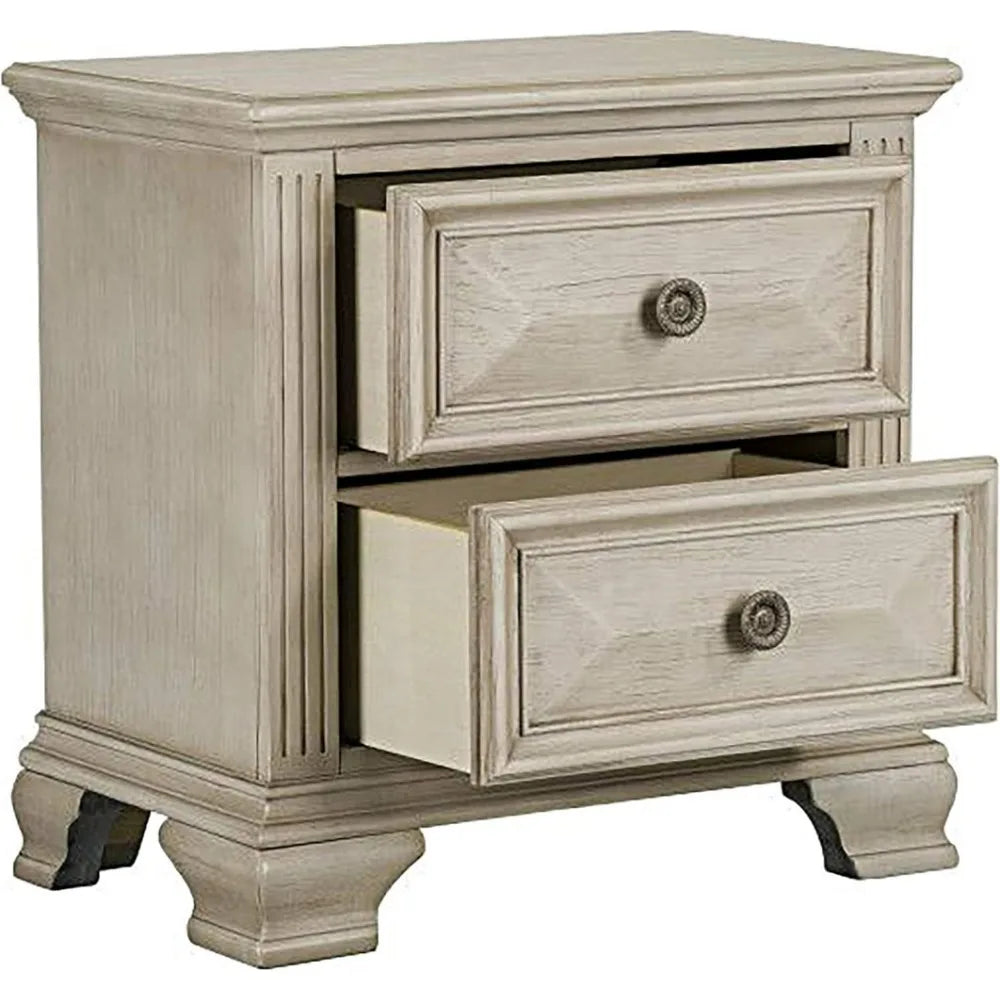 2-Drawer Nightstand, Distressed Parchment, Full Wooden Bed Side Table