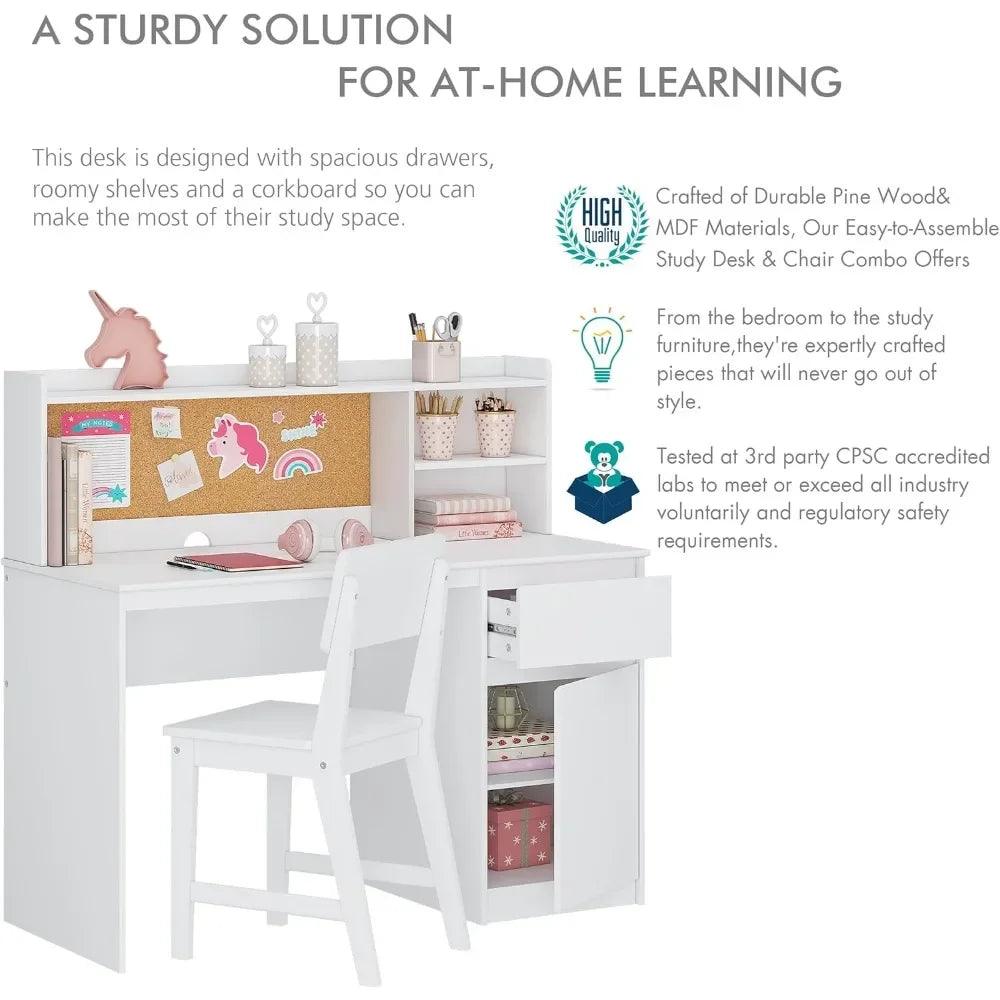 Kids Study Desk with Chair and Hutch and Storage Cabinet, Student Writing Desk