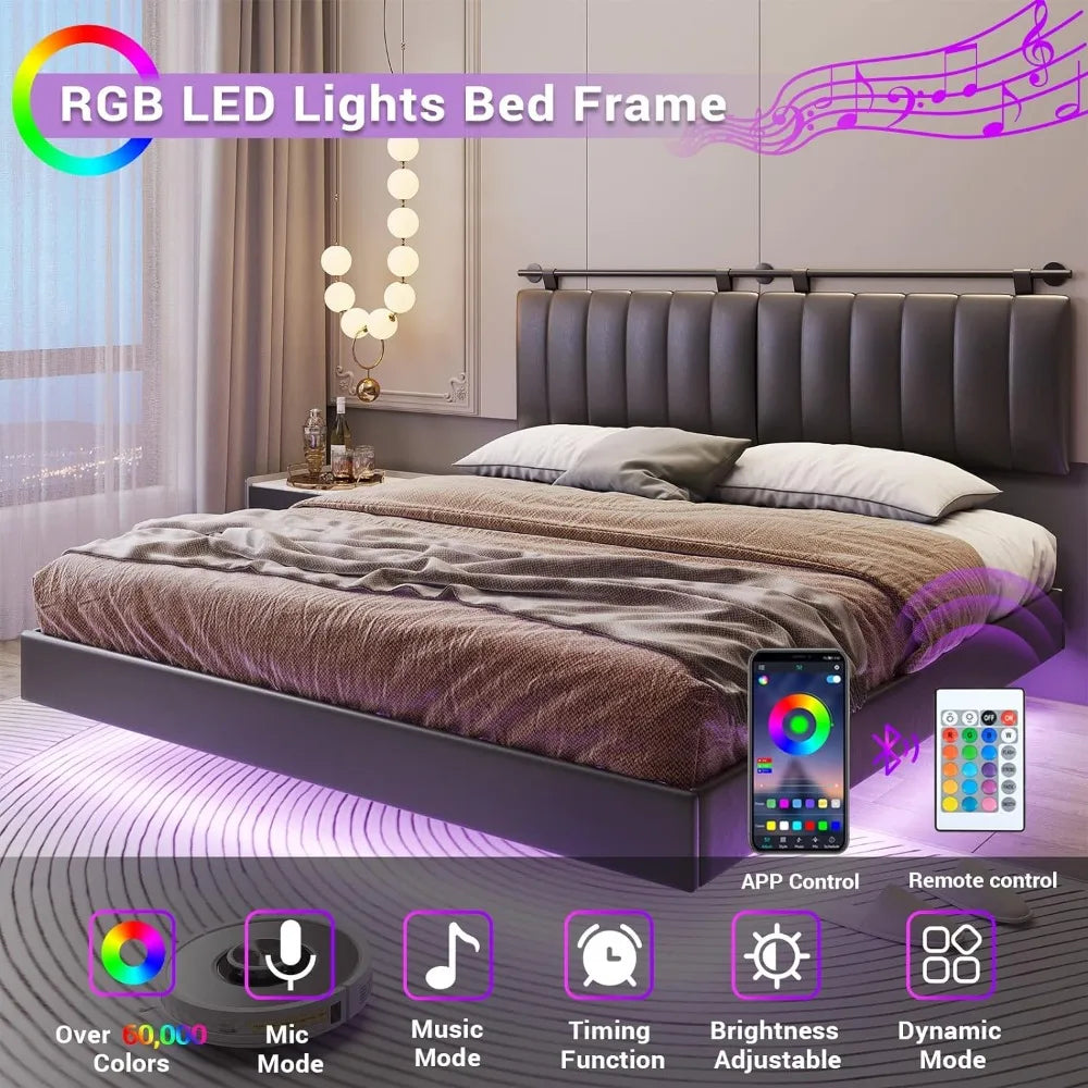 Queen Floating Bed Frame with LED Lights and Wall Mounted Headboard  Faux Leather Upholstered