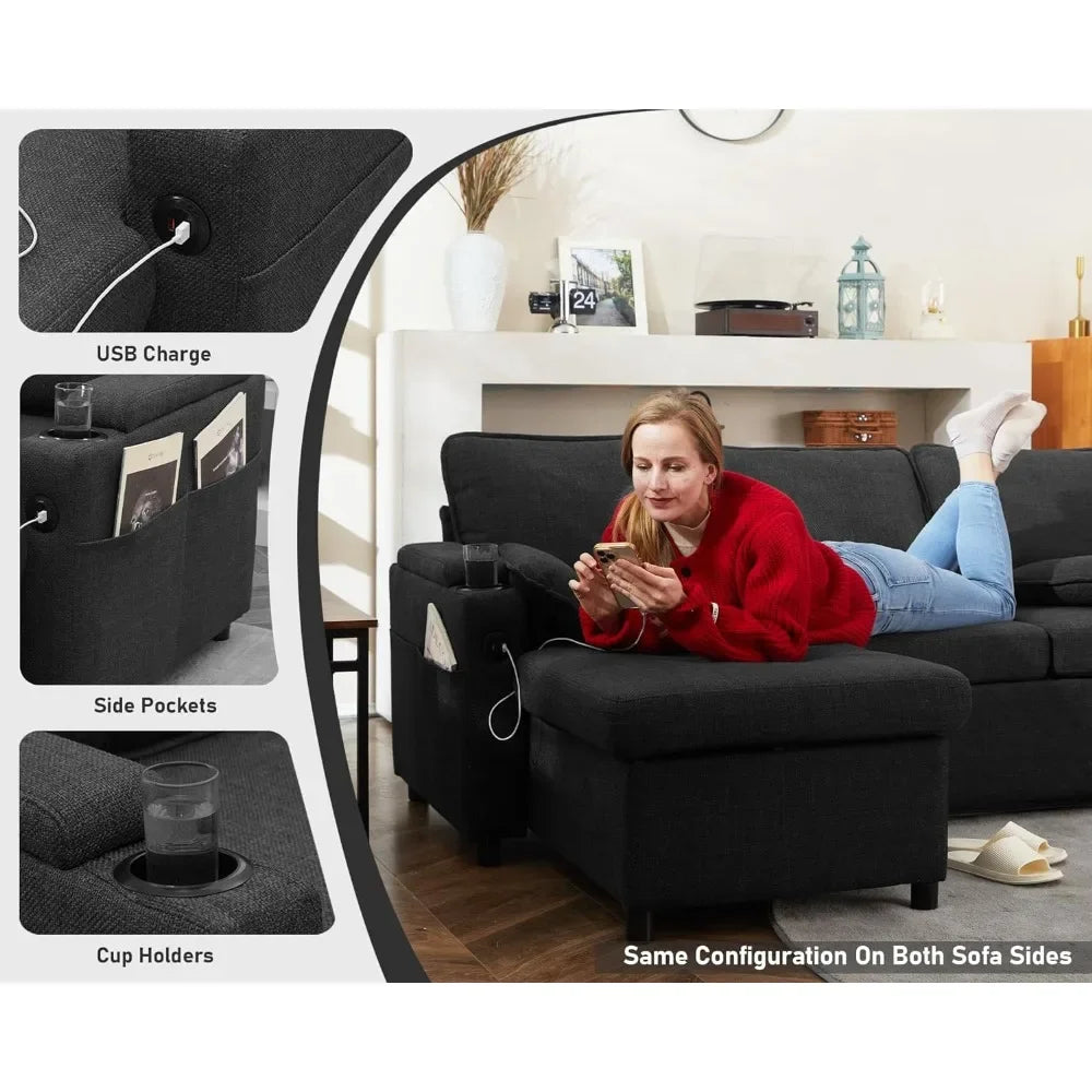 2 in 1 Sectional Sleeper Sofas Couches with Storage, USB Cup Holder