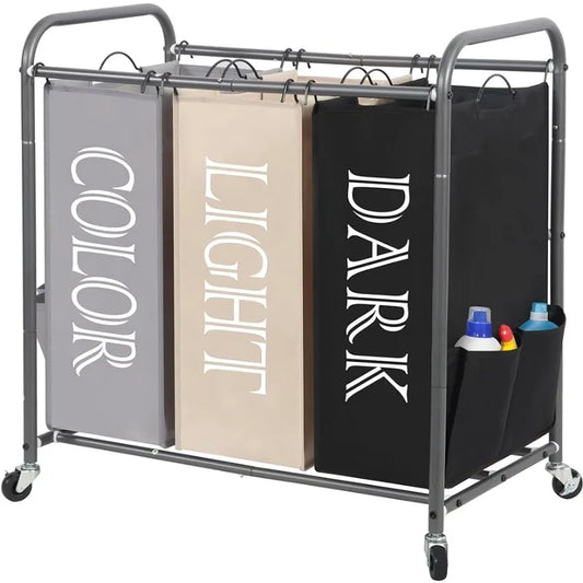 3 Section Laundry Sorter,  Cart with Heavy Duty Rolling Lockable Wheels and Removable Bags