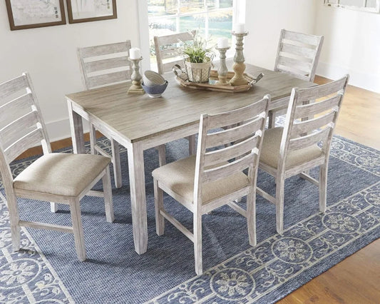 Skempton Cottage Dining Room Table Set with 6 Upholstered Chairs, Whitewash, 36"W x 60"D x 30"H