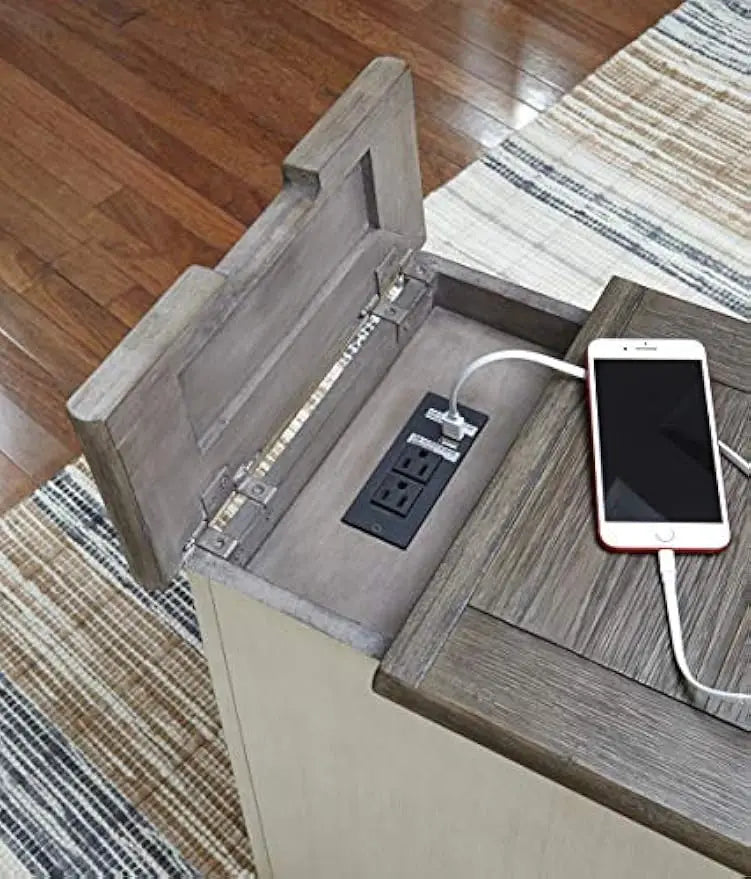 Farmhouse Chair Side End Table with Outlets and USB Ports, Antique Cream