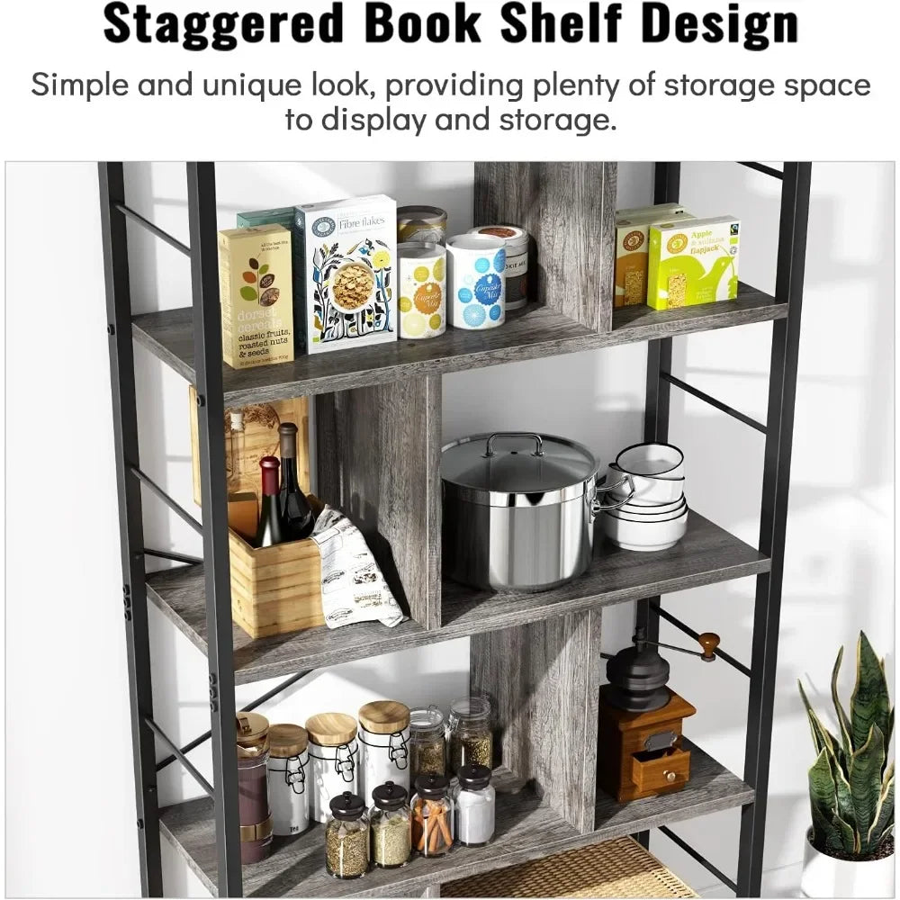 5 Tier Tall Modern Bookcase Wood Metal Frame Standing Book Shelf