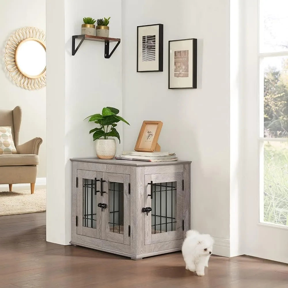 Furniture Style Dog Crate End Table, Double Doors Wooden Wire Dog Kennel with Pet Bed