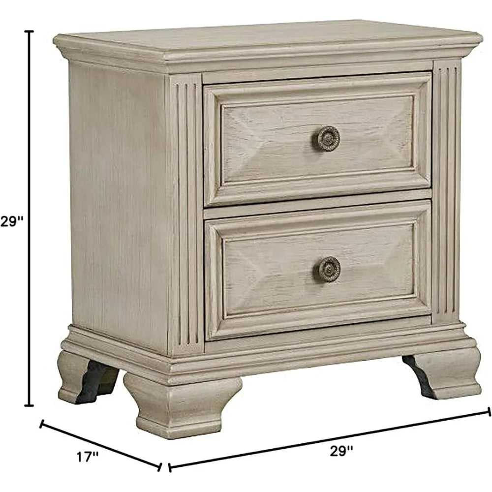 2-Drawer Nightstand, Distressed Parchment, Full Wooden Bed Side Table