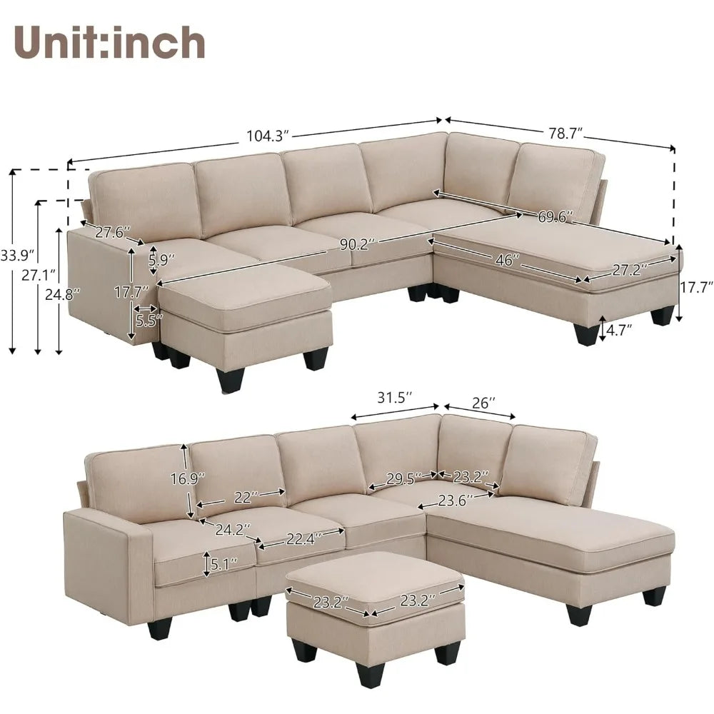 U Shape Sectional Sofa for Living Room, 7 Seat L Shaped Living Room Sofa Set with Ottoman