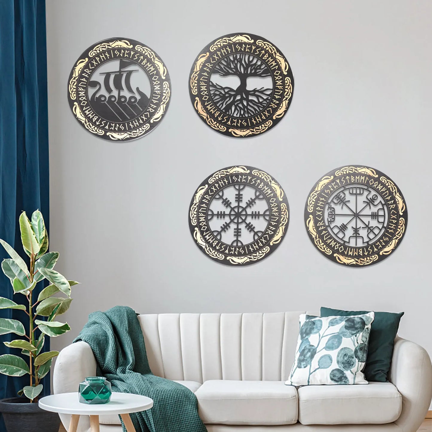 4PCS Set Round  Wooden Wall Art Nordic Viking Runes