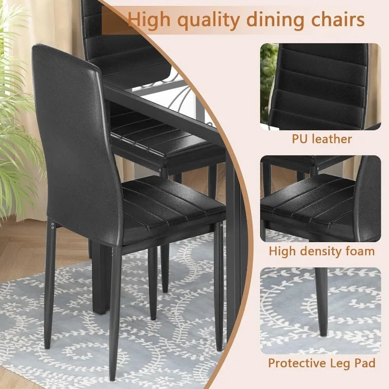 7 Piece Kitchen 6 Person, Tempered Glass Table and PU Leather Chairs  Small Space, Dining Table Set