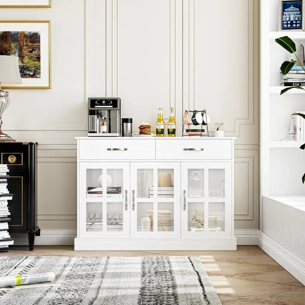 Sideboard Buffet Cabinet with Glass Doors, White