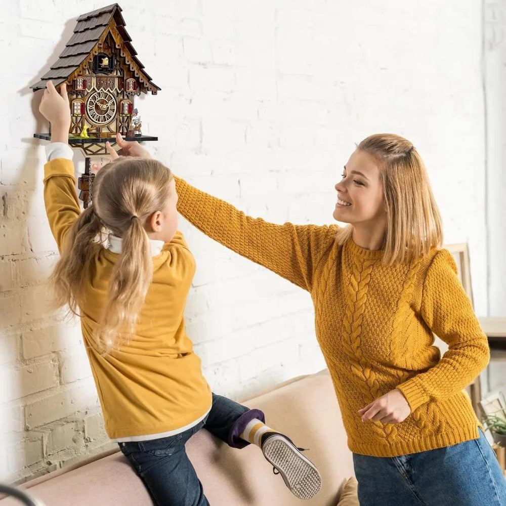 Cuckoo Clock 12 Melodies, Volume Control, Night Mode, Germany Style Black Forest Handmade Wooden