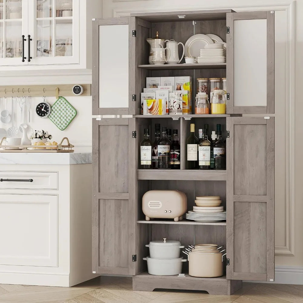 Kitchen Pantry Cabinet, Storage Cabinet with Glass Door and Shelves, 67"