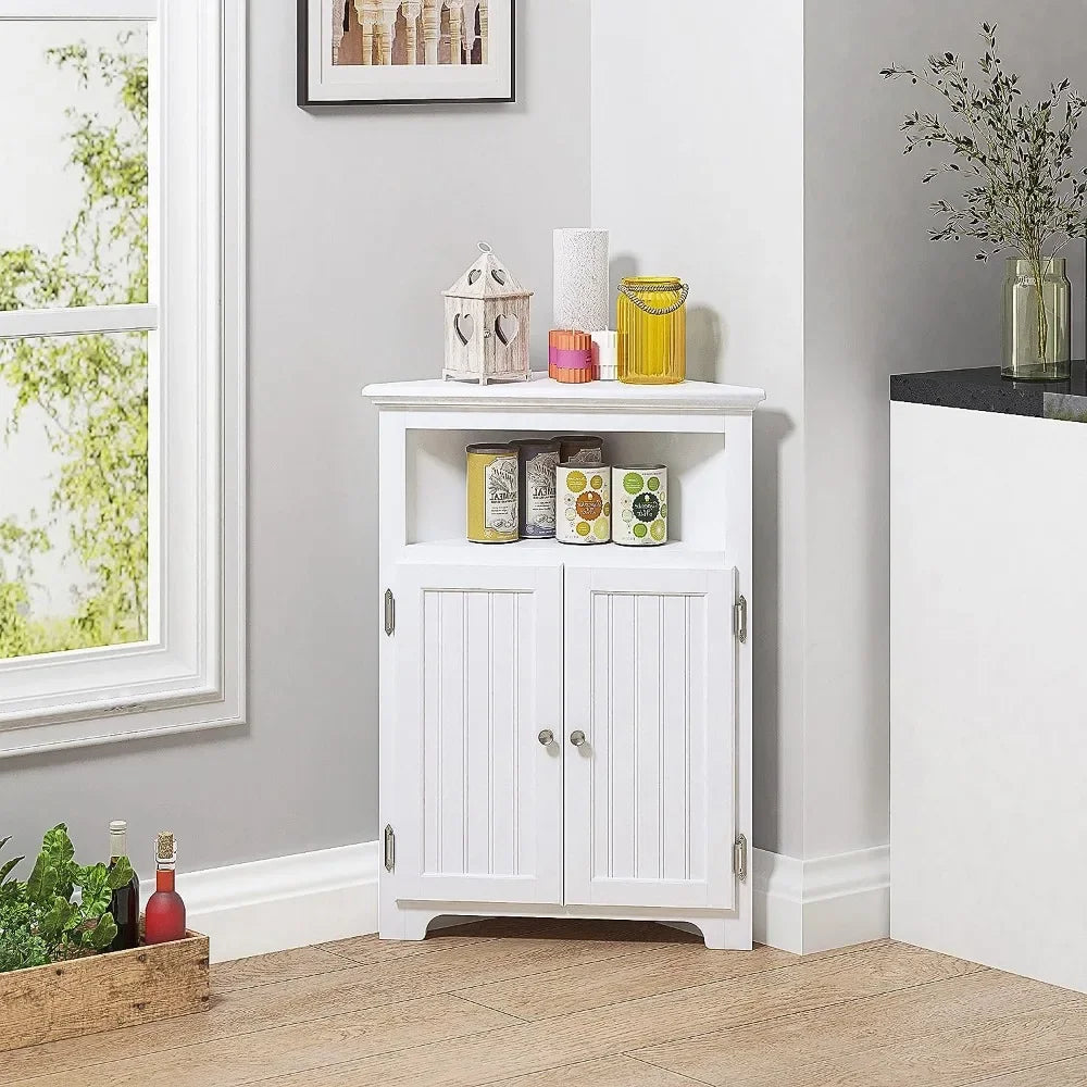 Bathroom Corner Storage Cabinet,  with Doors and Adjustable Shelves, White