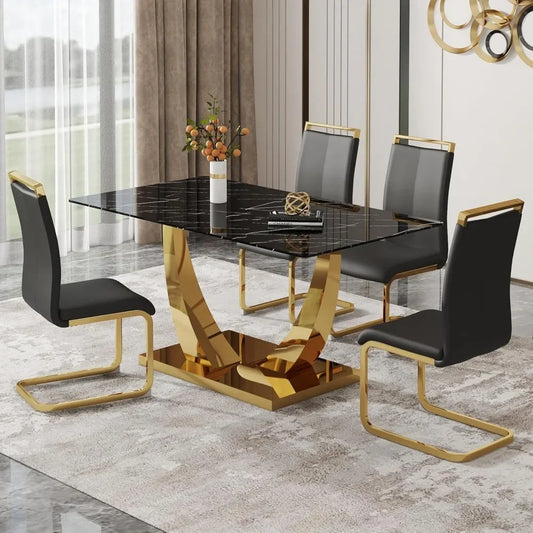 63” Dining Room Sets for 4, Rectangle Faux Marble Kitchen Table, Tempered Glass Top, Golden Base