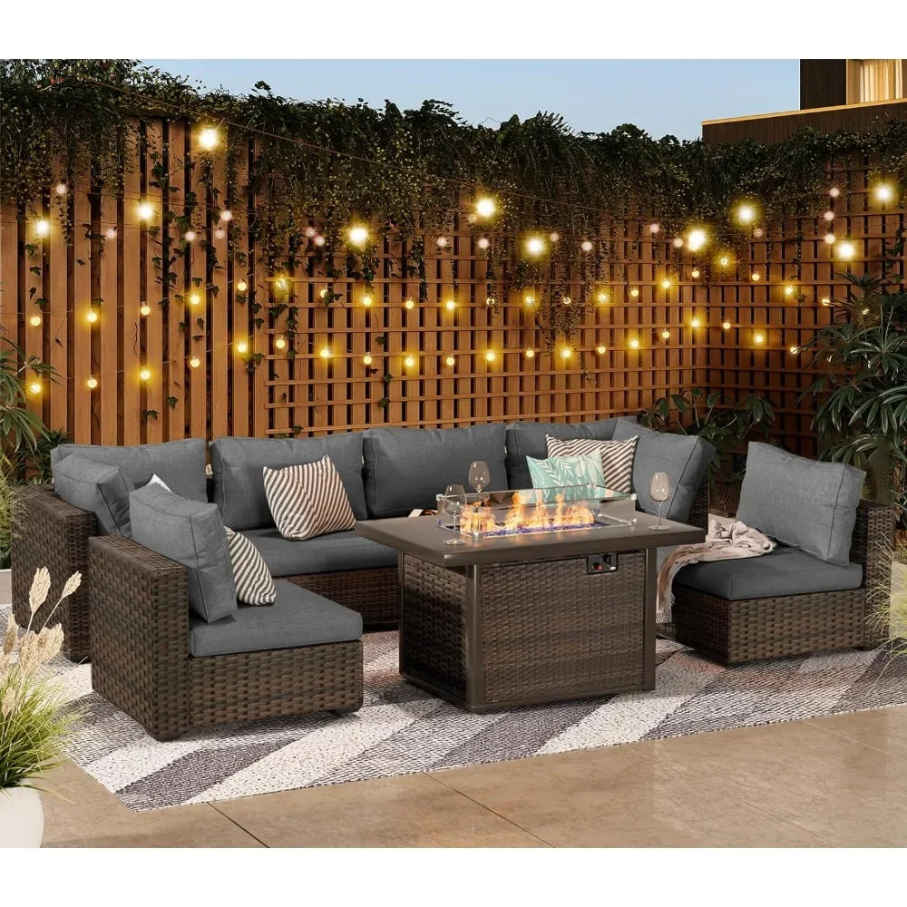 7 Piece Rattan Patio Furniture Set  with Fire Pit Table