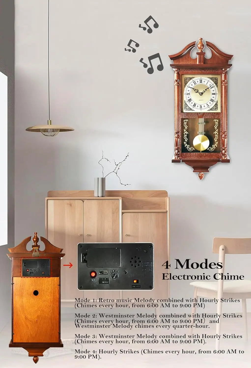 Hour/quarter-hour Chime, Rubberwood Frame, Large Vintage Wall Clock for Living Room