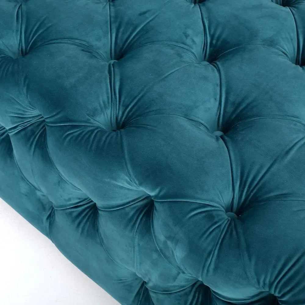 Dark Teal Tufted Velvet Fabric Rectangle Ottoman