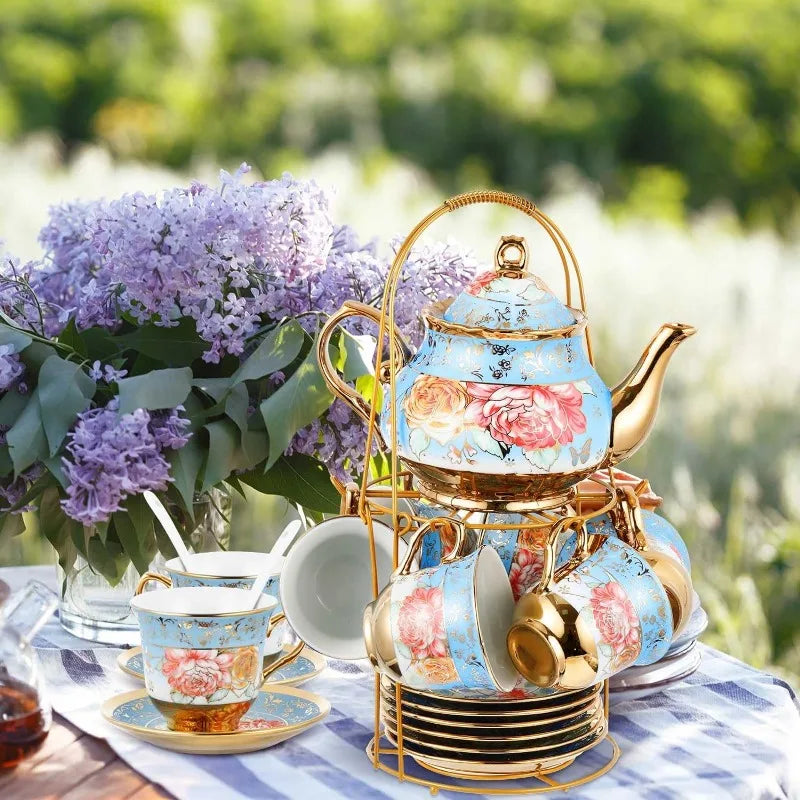 20 Pcs Porcelain Tea Set with Metal Holder European Ceramic Tea Set Cups Saucer Service for 6