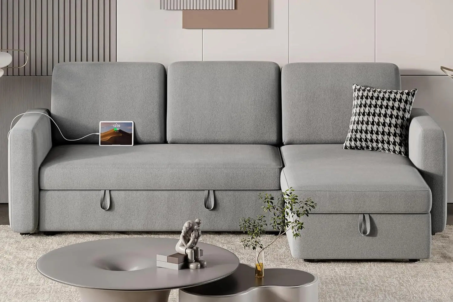 Sectional Sofa Couch Bed W/Chaise & USB, Reversible Couch Sleeper W/Pull Out Bed & Storage Space