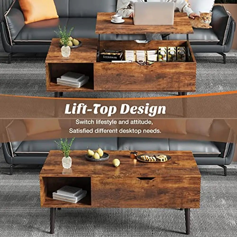 Wooden Lift Top Coffee Table  with Storage Shelf Modern Design