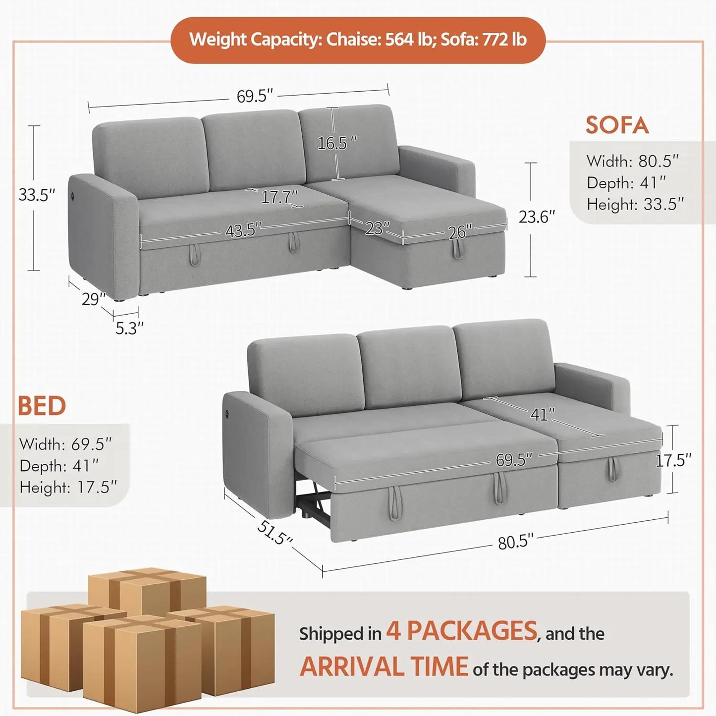 Sectional Sofa Couch Bed W/Chaise & USB, Reversible Couch Sleeper W/Pull Out Bed & Storage Space