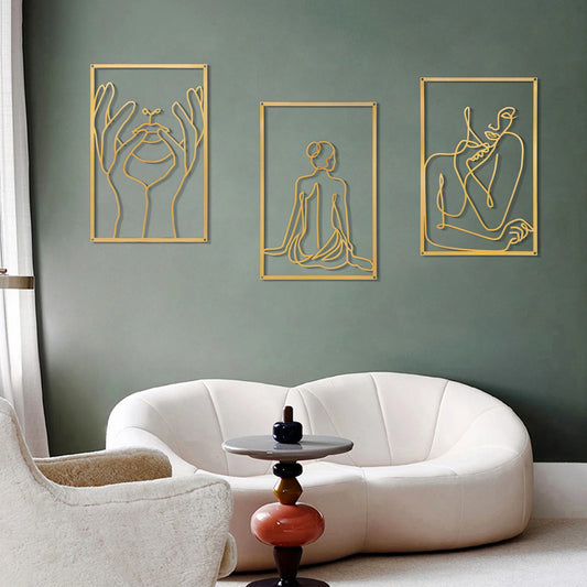 Gold Wall Art Decor Set of 3 , Thicker Real Metal Wall Art, Modern Abstract Female