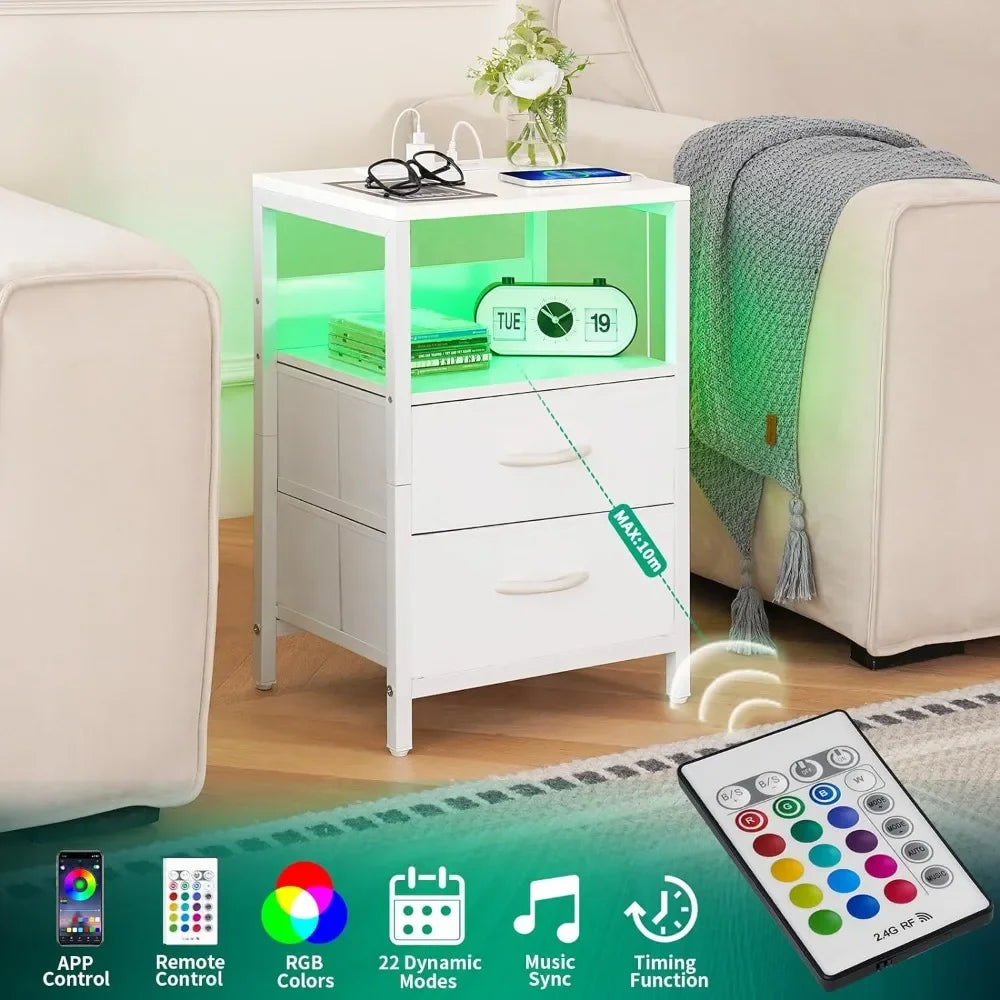 Nightstand with Charging Station, LED Night Stand with Fabric Drawers and Storage Shelf