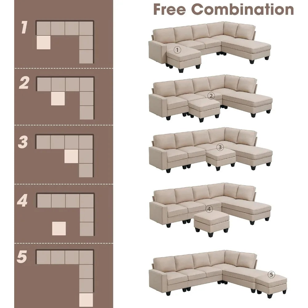 U Shape Sectional Sofa for Living Room, 7 Seat L Shaped Living Room Sofa Set with Ottoman