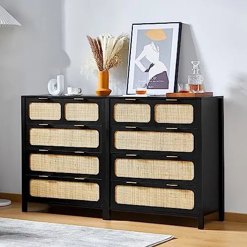 Modern Rattan 6 Drawer Dresser w/ Wide Drawers & Metal Handles