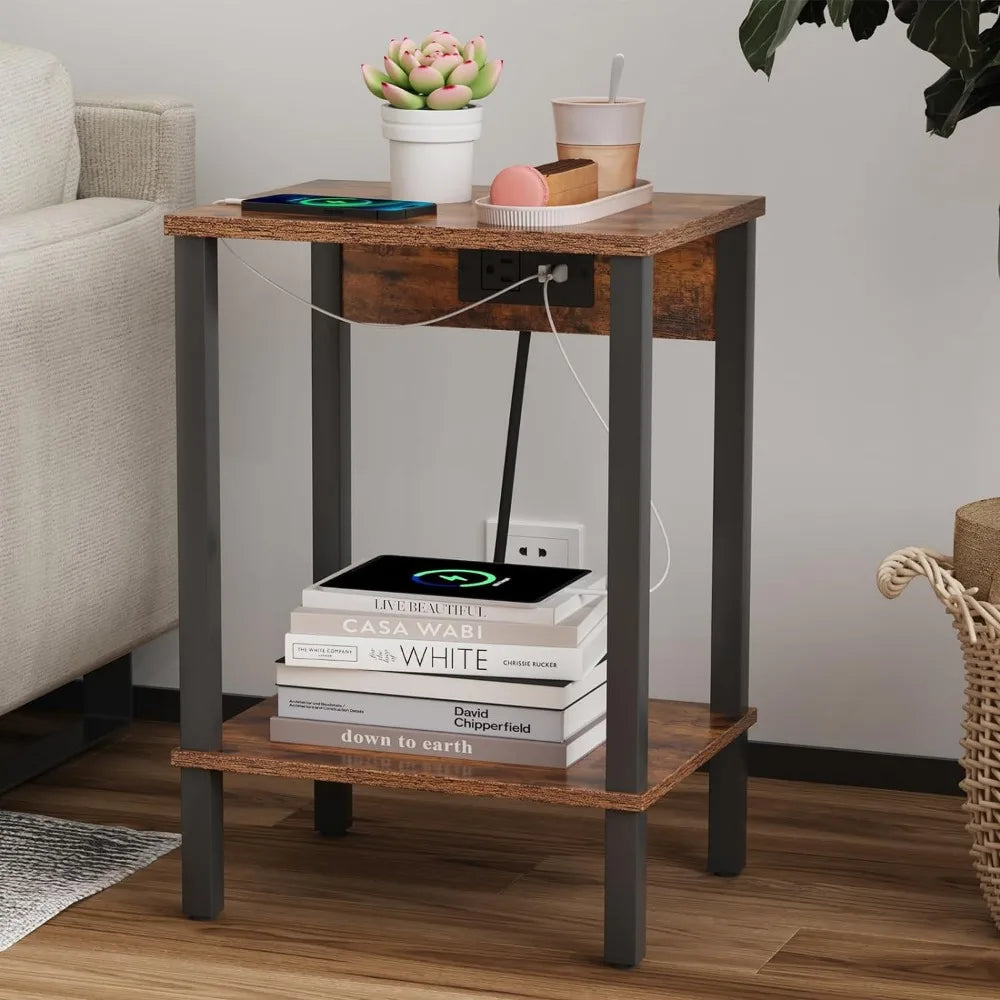 Set of 2 End Table with Charging Station, USB Ports and Outlets