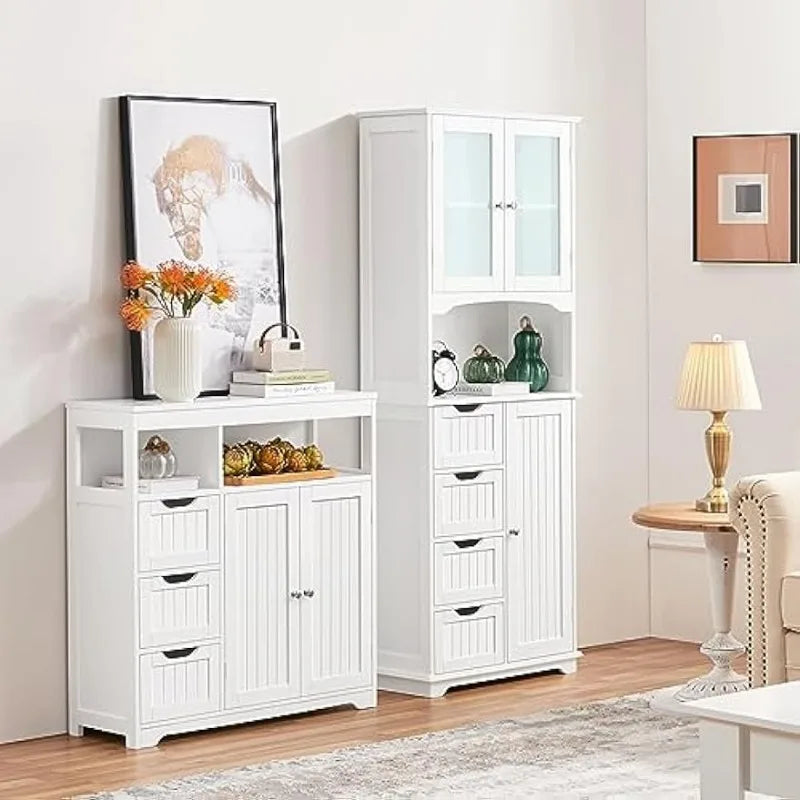 Tall Storage Cabinet with Glass Door, Bathroom or Kitchen  Floor Cabinet 65.5″