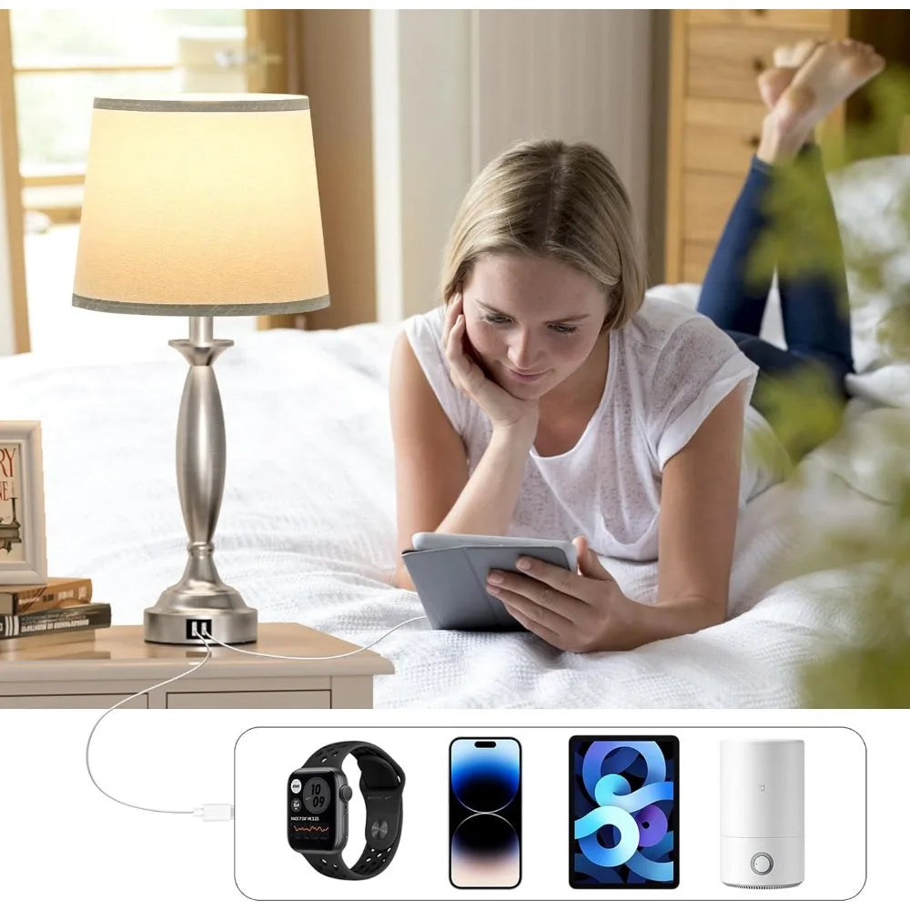 Bedrooms Touch Control Bedside Lamp with USB C+A, 3 Way Dimmable with USB Port, Brushed Nickel