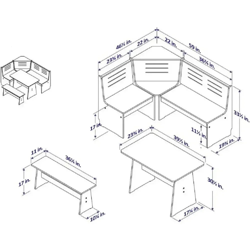 3/5PCS 2 Tone Natural/White Solid Wood Corner Dining Set, Reversible Breakfast Nook