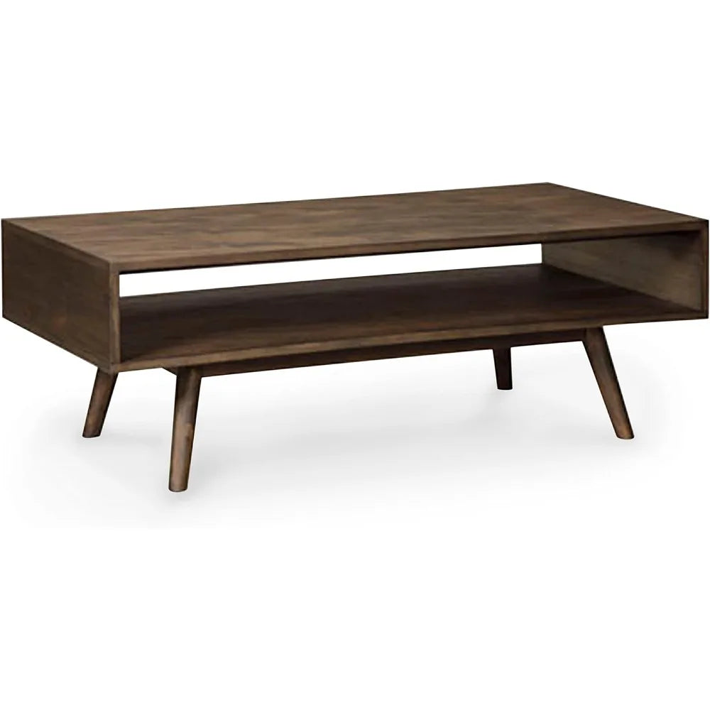 Mid-Century Modern Rectangular Coffee Table With Open Storage Shelf Dark Brown