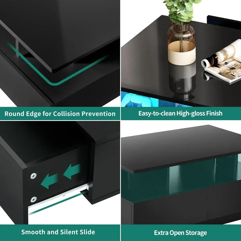 Coffee Table High Glossy  Center Table With Open Display Shelf & Sliding Drawers LED Coffee Tables