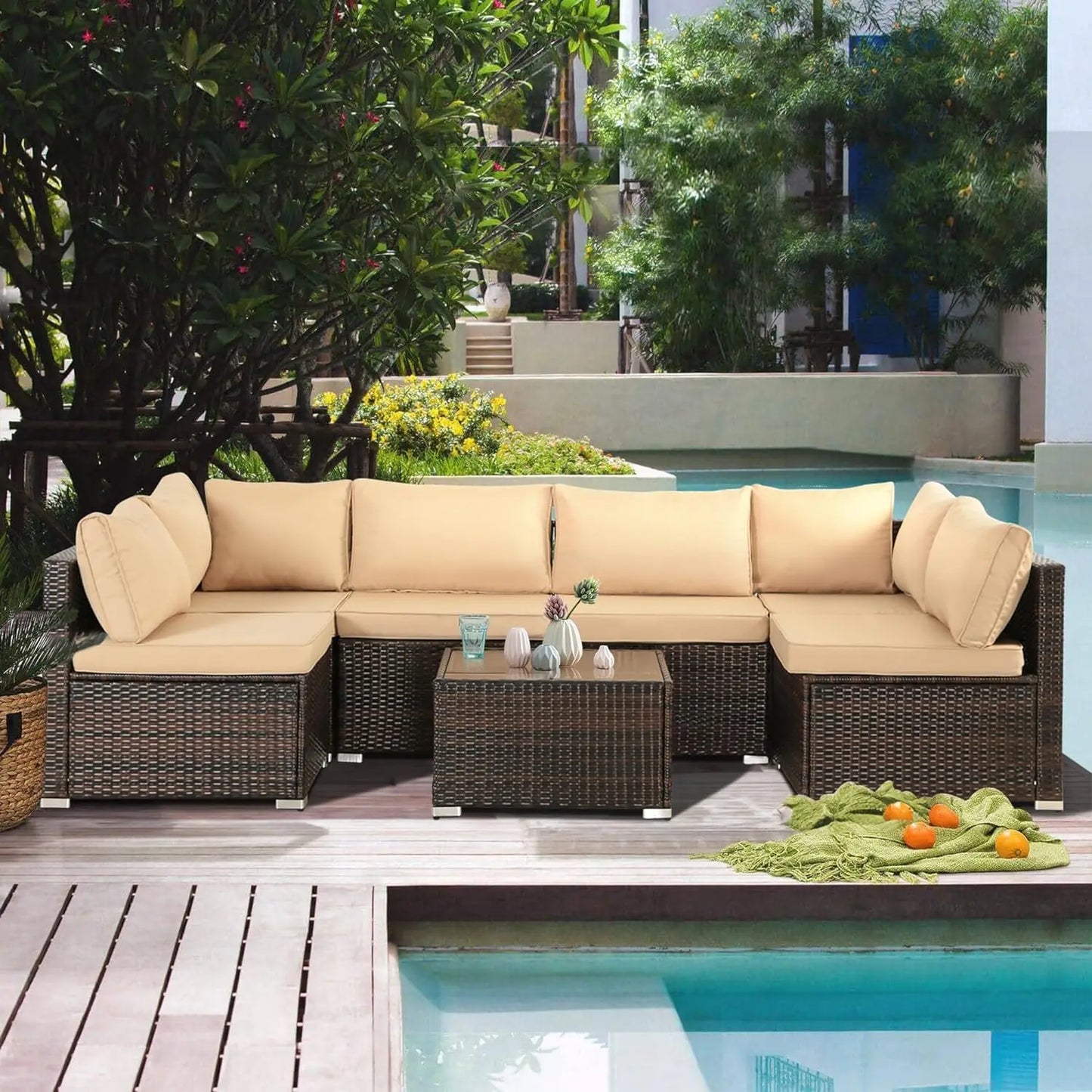 7 Pieces Wicker Rattan  Patio Furniture Set Sectional Sofa  W/Washable Cushions & Glass Coffee Table