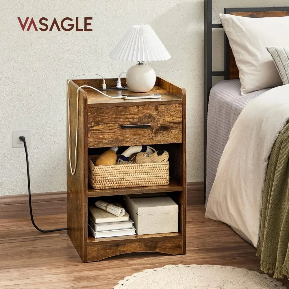 Plug-in Series Nightstand  Bedroom Bedside Tables  With USB Ports and Outlets Rustic Brown