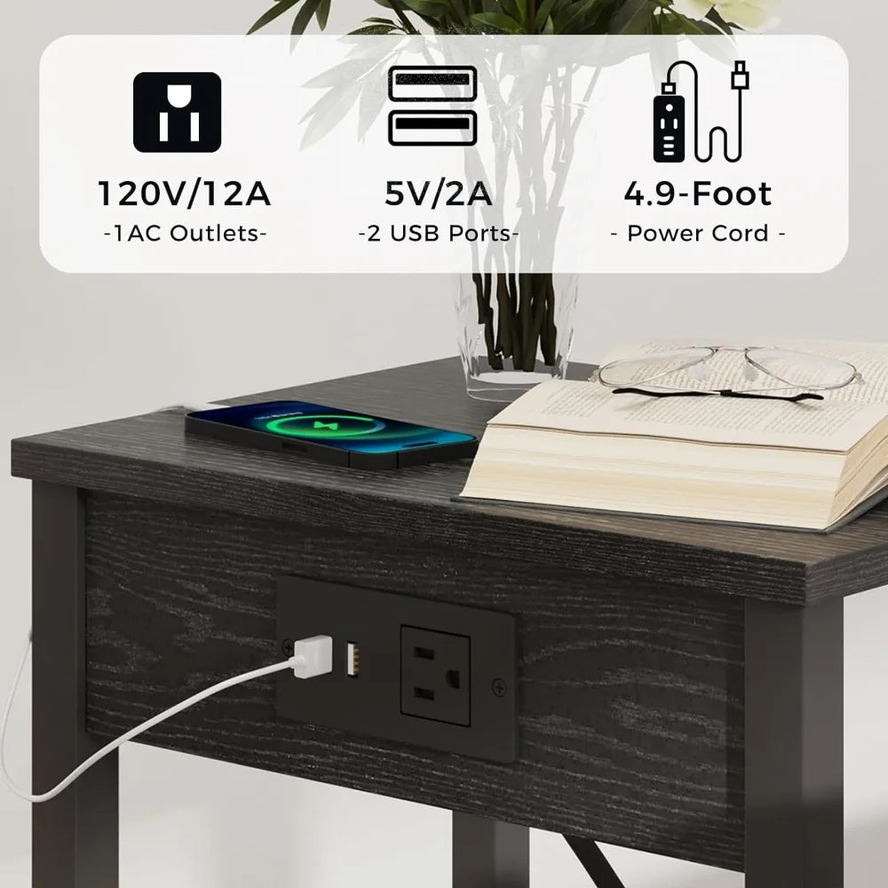 2 Piece Side Table Set with Charging Station, with USB Port