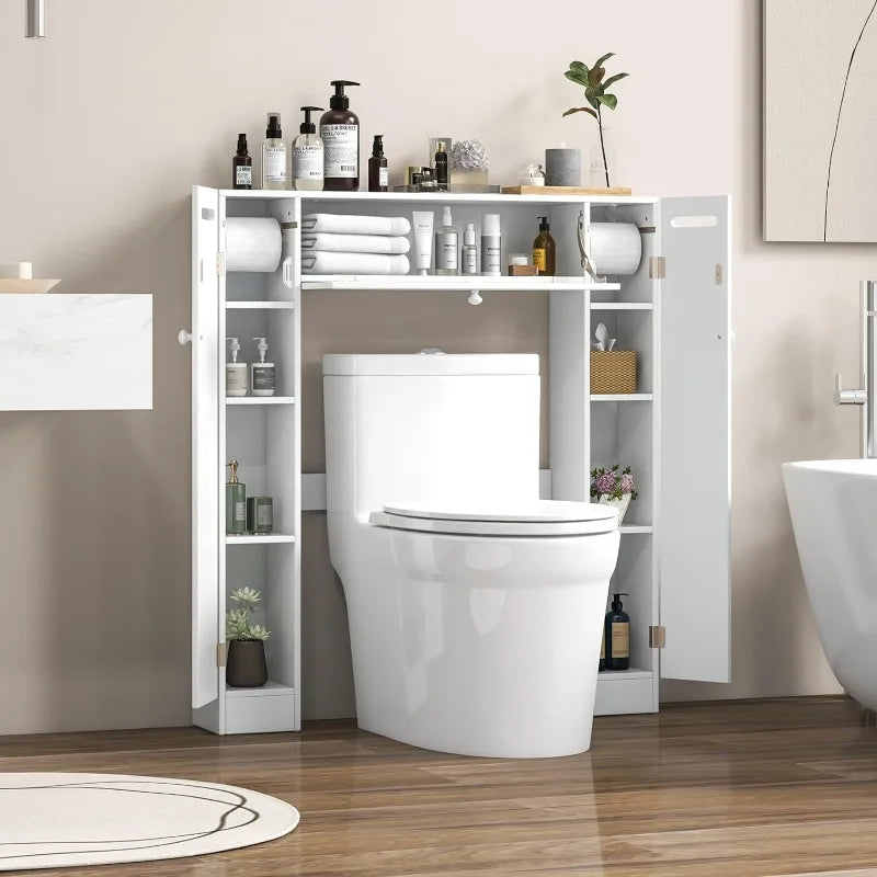 Over-The-Toilet Freestanding Toilet Organizer with Doors, Adjustable Shelves & Toilet Paper Holders