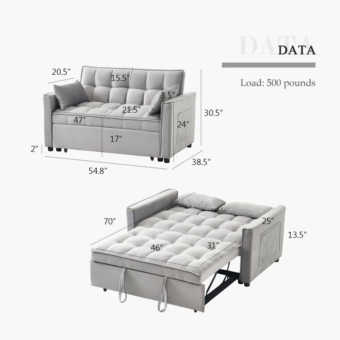 3-in-1 Convertible Sleeper Sofa Bed, Modern Pullout Couch Bed with Pull Out Bed, Adjustable Backrest