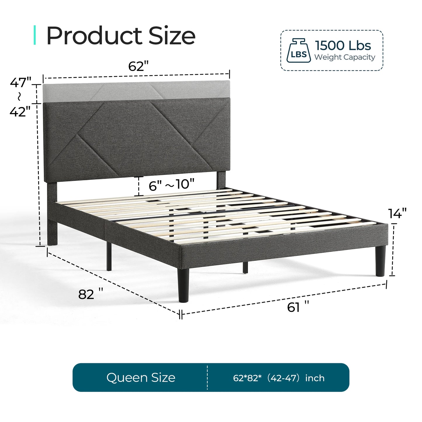 Queen Bed Frame with Adjustable Headboard,  with Wooden Slats Support, NO Box Spring Needed