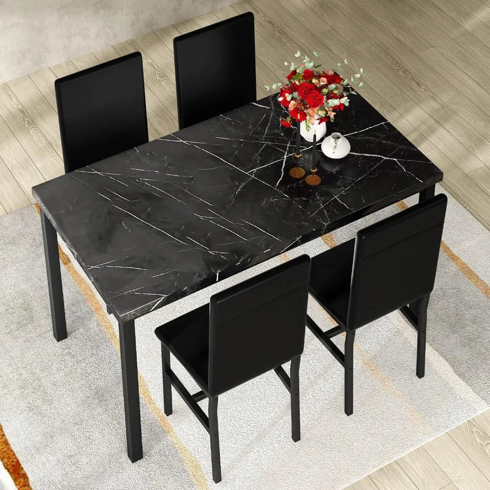 Black Kitchen Table and Chairs for 4, Compact Furniture Faux Marble Table