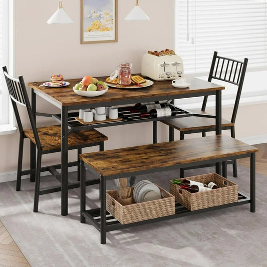 Dining Tables Set for 4, Kitchen Tables and Chairs with Storage Bench Brown