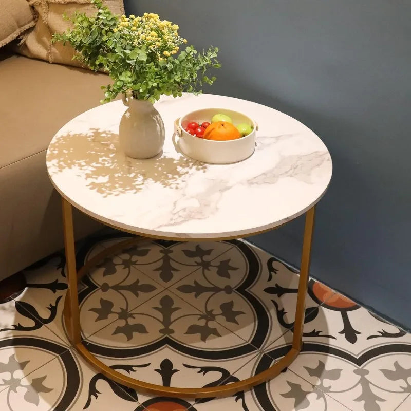 Set of 2 Nesting Coffee Tables,  Golden  Frame Circular and Marble Pattern Wooden Tables