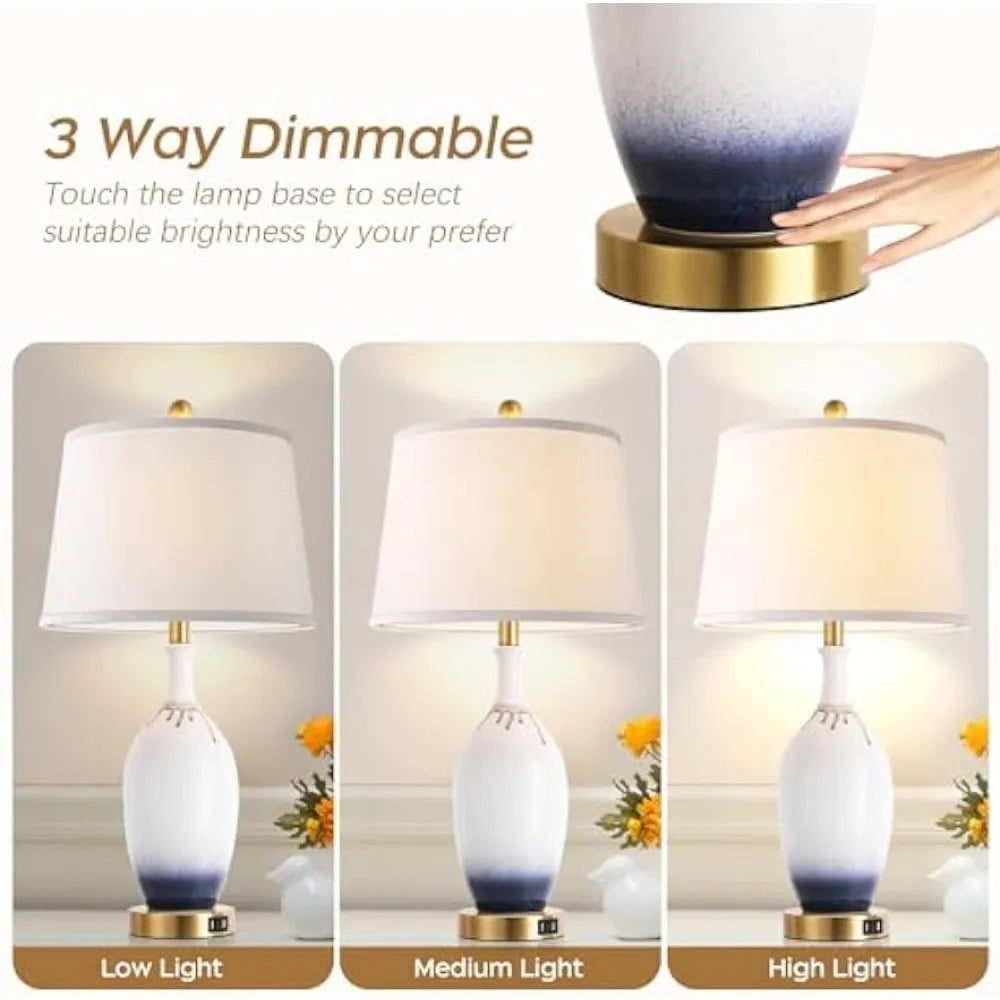 Gradient Glazed Ceramics End Table Lamp Set of 2, Touch Lamps with Dual USB Ports, (Bulb Included)