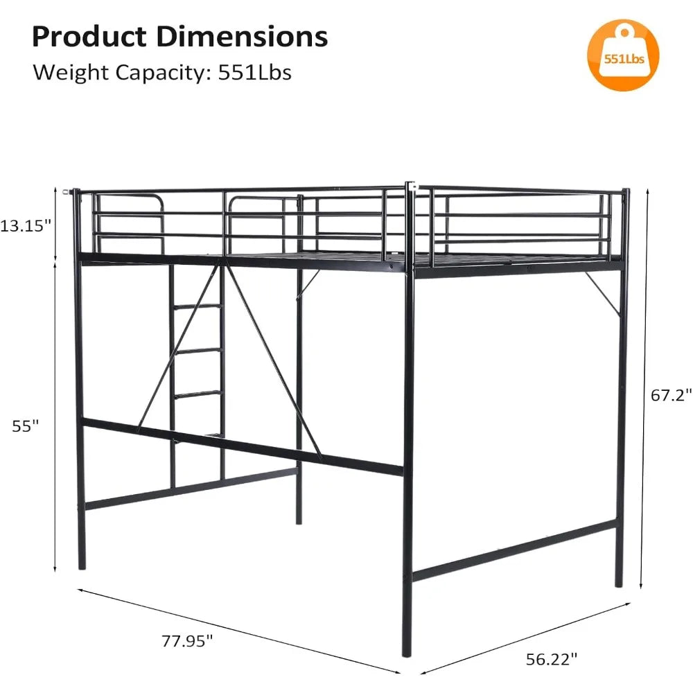 Loft Bed Full Size with Flat Rungs  No Box Spring Required, Heavy Duty Metal Slat Support