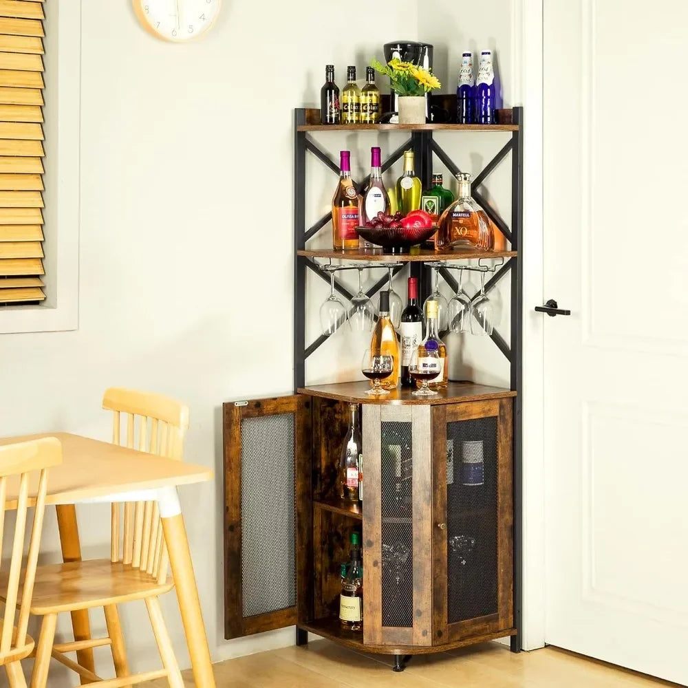 Corner Bar Cabinet with LED Lights, 5-layer Wine Cabinet with Glass Brackets, adjustable Shelves