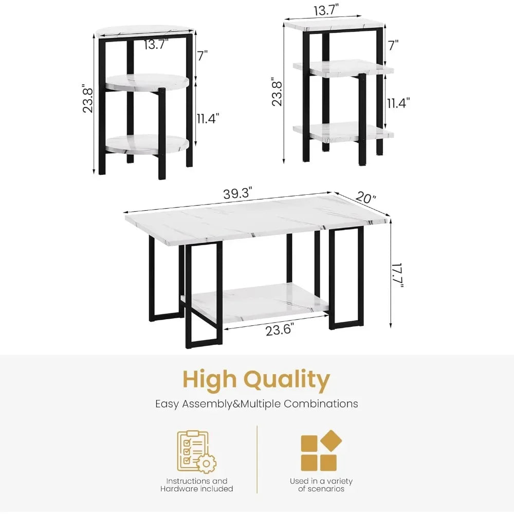 Coffee Table & 2 Side Table, Faux Marble Tabletop and Metal Frame, 3 Piece Table Set